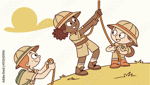 Three diverse children dressed as explorers work together as a team to climb a rope up a hill.