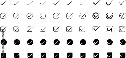 check icon circle and square. Tick symbol in black. Hand drawn checkmark illustration. Check icon set. Vector illustration