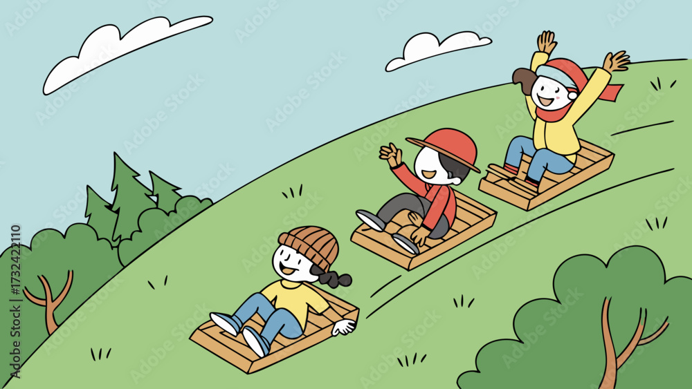 Fototapeta premium Three children joyfully sledding down a grassy hill on wooden sleds, enjoying winter fun.