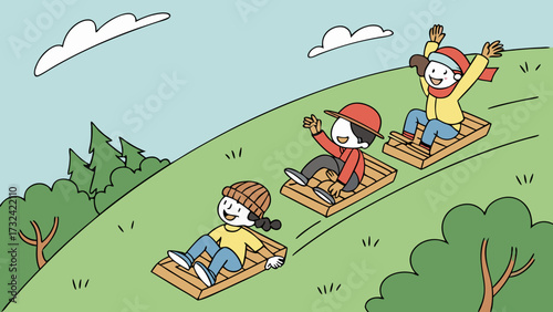 Three children joyfully sledding down a grassy hill on wooden sleds, enjoying winter fun.