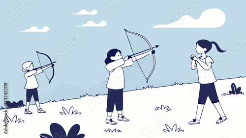 Three girls practice archery outdoors on a grassy field under a partly cloudy sky, one prepares to shoot an arrow.