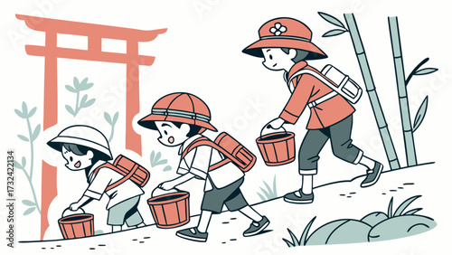 Three children with buckets walking up a hill past a torii gate and bamboo.