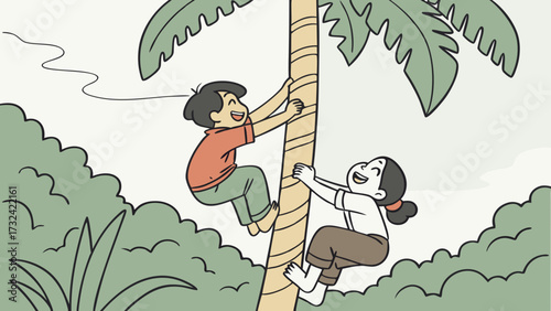 Two children, a boy and a girl, are joyfully climbing a tall coconut palm tree in a lush, tropical environment.