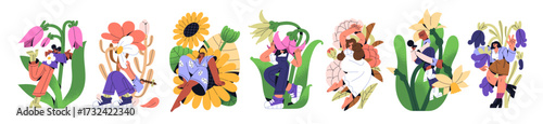 Cute girls with big flowers set. Small young women hug wildflowers, sit on blooming plants with leaves. Tiny people love nature, wild flora. Flat isolated vector illustrations on white background.