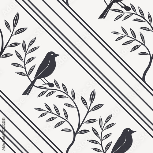 Seamless Bird and Branch Pattern: This image features a repeating pattern of graceful birds perched on leafy branches, interwoven with bold, diagonal stripes.