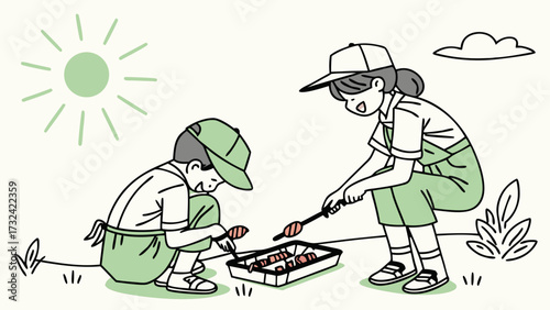 A young boy and girl squatting outdoors, cooking food on a small grill under a shining sun.