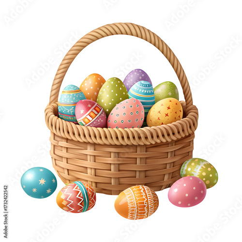 Woven easter basket overflowing with colorful decorated eggs isolated on transparent background