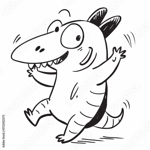 Joyful Dragon Cartoon: A cheerful, animated dragon, brimming with mirth, cavorts in a line art style, perfect for children's content, creating delight and wonder.