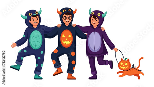 Happy Halloween Friends: Three cheerful children dressed in playful monster costumes and a pumpkin cat embark on a festive Halloween adventure.