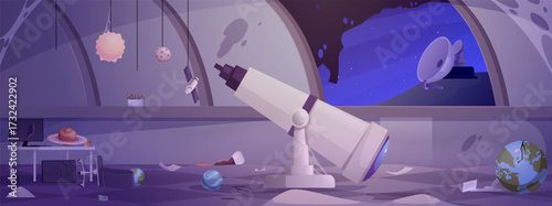 Destroyed and abandoned Observatory interior with broken telescope and planetarium vector flat illustration
