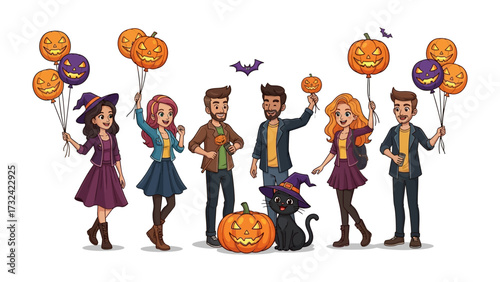 Halloween Joy: A vibrant illustration showcases a cheerful gathering of individuals, adorned with festive costumes, balloons, and the iconic imagery of Halloween.