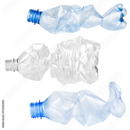 set crumpled plastic bottle on a white background isolated on white background