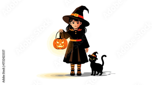 Enchanting Witch and Her Companion: A charming illustration of a young witch, adorned in a classic hat and costume, tenderly holding a carved pumpkin, accompanied by her black cat friend.
