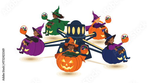 Whimsical Halloween Carousel: A delightful Halloween scene unfolds with children in witch costumes joyfully riding a pumpkin-themed carousel.