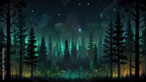 Enchanting forest at night with glowing lights and starry sky.