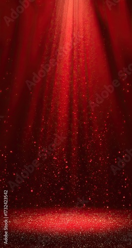 Dramatic red light beams with floating particles, illuminated backdrop
