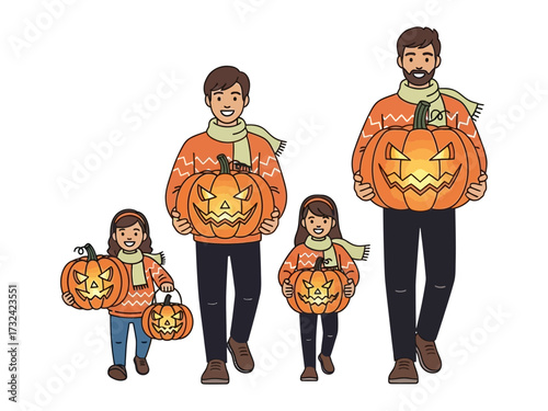 Family Halloween: A delightful family embarks on a Halloween adventure, each member joyfully carrying a carved pumpkin lantern, illuminated by warm candlelight.  A heartwarming scene.
