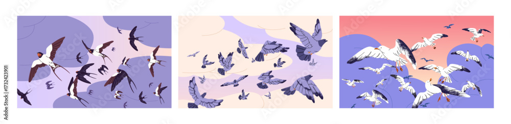 Obraz premium Set of cloudscapes with flying birds. Swallows, seagulls, pigeons fly in spring sky. Flocks of urban doves, gulls, martins flying in the air. Wild feathered animals soaring. Flat vector illustrations.