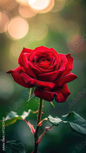 Close Up of a Vivid Red Rose with Water Droplets on Petals and Stem with Bokeh Background