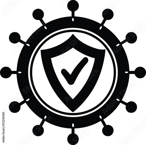 Black silhouette of a shield with a checkmark inside a virus shape