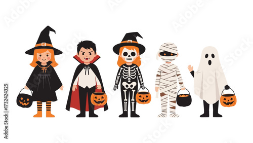 Halloween Costume Gathering: A charming group of children showcase their Halloween spirit in vibrant costumes. Capturing the fun and fantasy of the season.