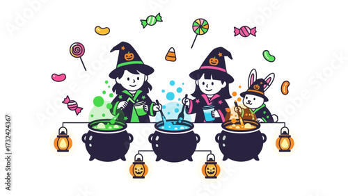 Halloween Brewing: A charming illustration captures three young figures in witch hats, each tending bubbling cauldrons of colorful brews amidst floating candies and festive lanterns.