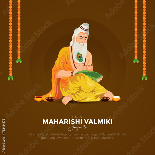 Happy Valmiki Jayanti Celebration Vector Illustration – Maharishi Valmiki with Ramayana, Indian Spiritual Festival Background, Religious Poster Design