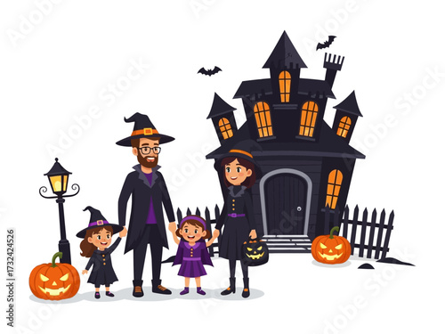 Happy Halloween: A family dressed in whimsical costumes stands outside a spooky haunted house, surrounded by glowing pumpkins, under the festive night sky.