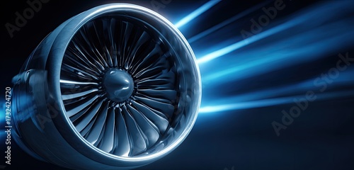 Futuristic jet engine with glowing blue lights and dynamic design