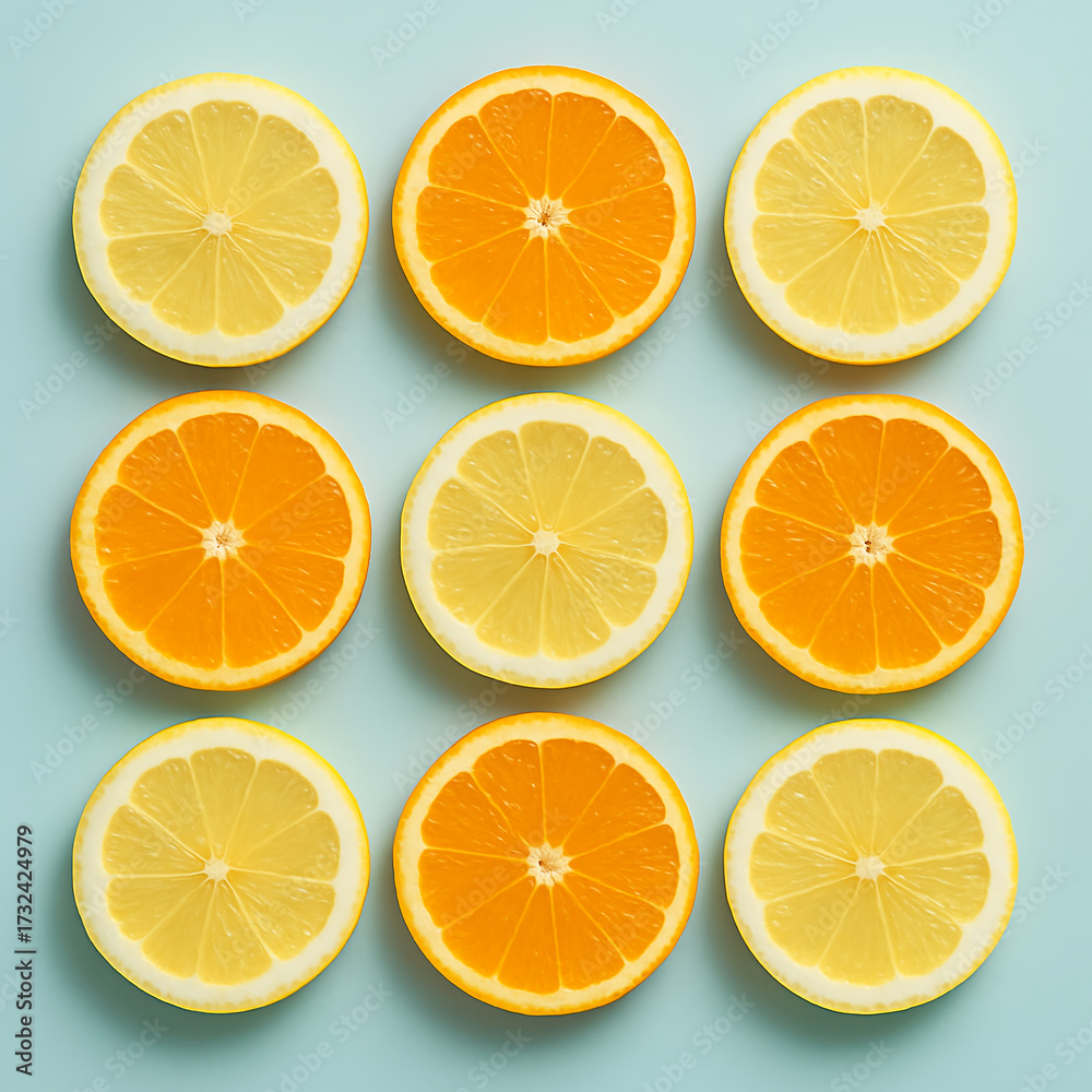 Obraz premium Citrus Fruit Slices Pattern on Blue Background