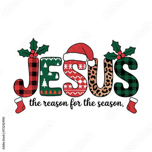 Illustration of jesus the reason for the season text with christmas elements