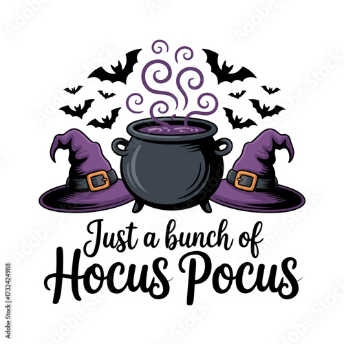 Illustration of just a bunch of hocus pocus with witch hat cauldron and bats