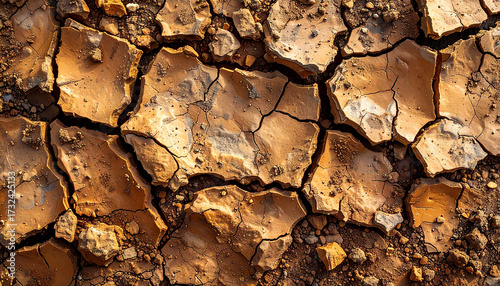 High detail texture of dry soil surface, natural earthy brown color, with cracks and dust