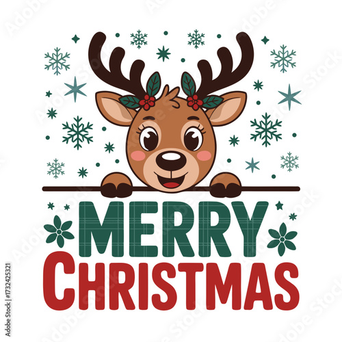 Illustration of cute cartoon reindeer with antlers and snowflakes wishing merry christmas