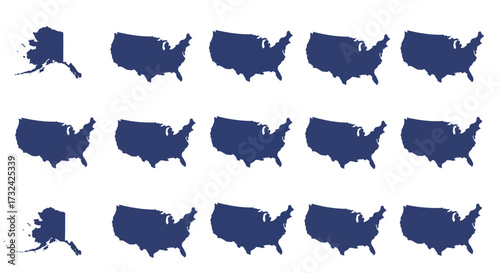 A captivating graphic design featuring a grid pattern of dark blue United States map silhouettes, including Alaska, creating a powerful visual representation of American geography and national unity