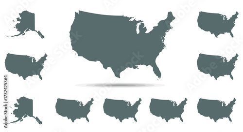 Collection of diverse silhouette maps of the United States, including Alaska and Hawaii, showcasing geographical outlines and national territory for educational and design applications