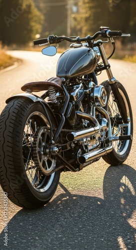 Custom Bobber Motorcycle on Road with Chrome Details and Wide Tire.