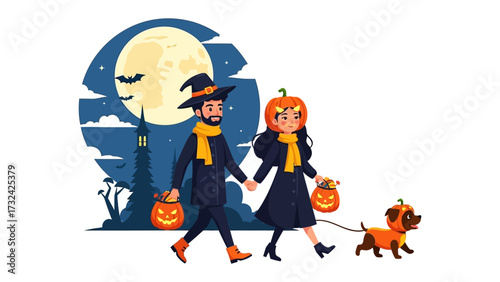 Spooky Night Stroll: A couple and their dog, adorned in Halloween costumes, stroll beneath a moonlit sky with jack-o'-lanterns, embodying the spirit of All Hallows' Eve.