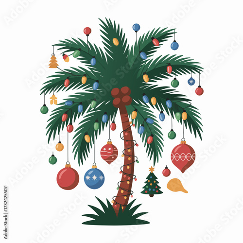 Illustration of a tropical palm tree decorated with colorful christmas ornaments and lights