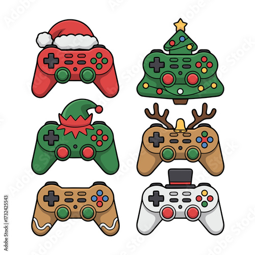 Illustration of collection of six video game controllers decorated for christmas holidays