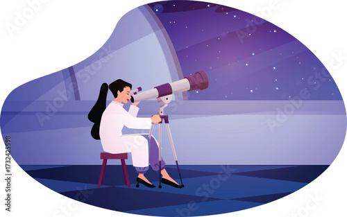 Woman astronomy scientists observing space, observatory interior with telescope vector flat illustration in frame