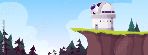 Observatory building on hill vector flat illustration, scientific planetarium and astronomical architecture in nature