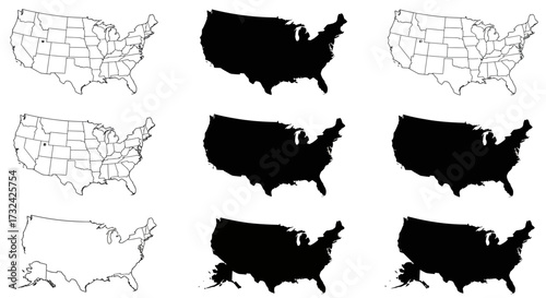 Stylized Outlines and Silhouettes of the USA Map