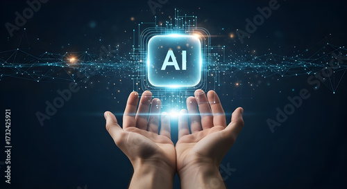 Hands hold glowing AI symbol with digital network background