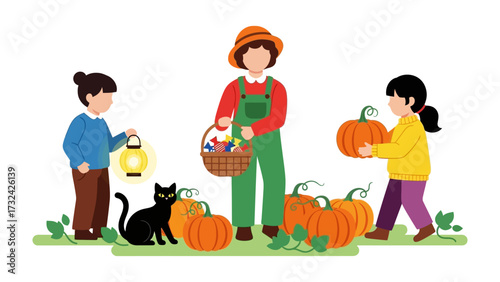 Harvest Festival: A joyous family gathers around a bountiful display of pumpkins, celebrating the spirit of autumn with a shared basket of treats and a friendly black cat.