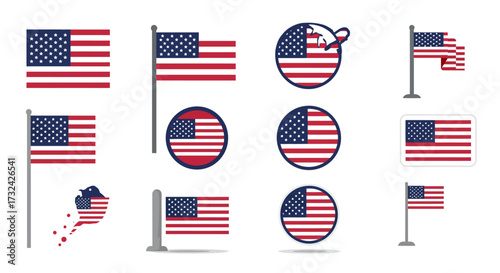 Collection of American flag icons and graphics in various circular and rectangular shapes, representing patriotism and national pride