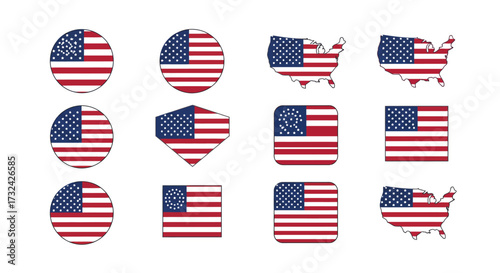 A diverse collection of patriotic United States flag designs presented in various geometric and map-based shapes, offering a versatile visual for national identity and celebratory themes