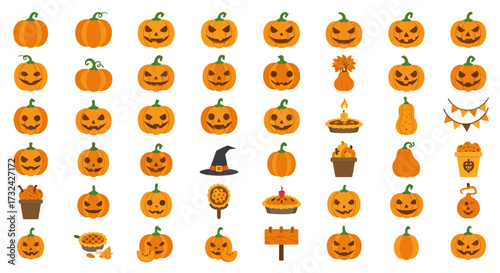 A diverse set of flat Halloween icons, featuring various jack-o'-lantern faces and autumn holiday symbols