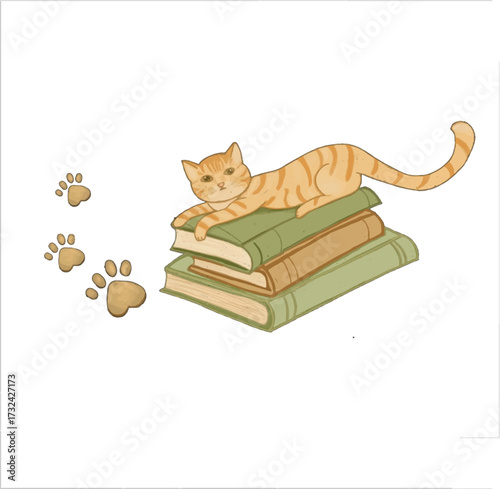 Vector illustration of a cute orange tabby cat resting on a stack of books with paw prints