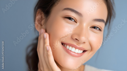 Skin care. asian Woman with beauty face touching healthy facial skin portrait.
